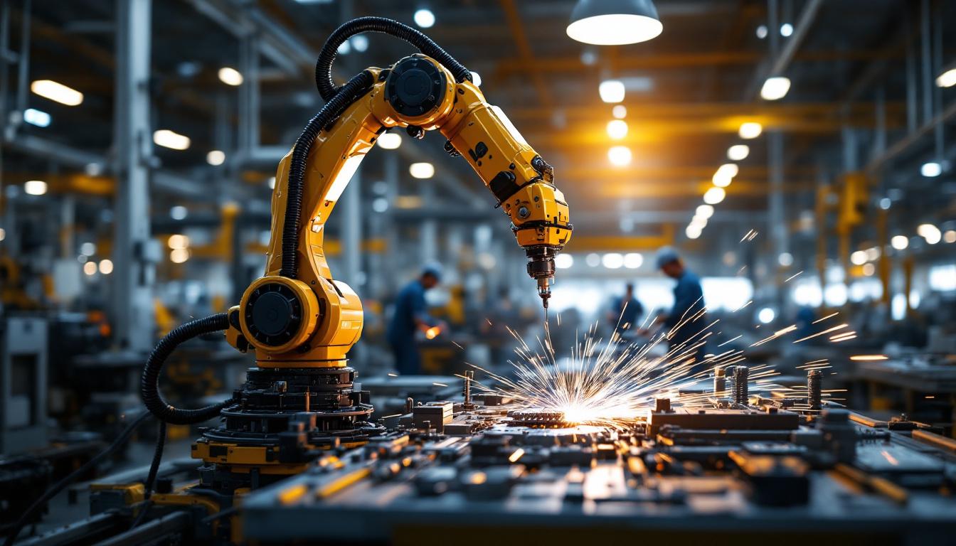 A photograph of a dynamic industrial setting featuring a robotic arm in action