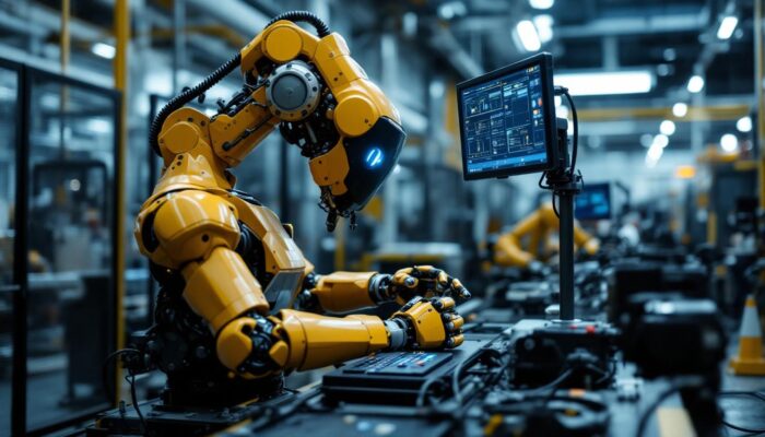 A photograph of a skilled technician programming an industrial robot in a modern manufacturing facility