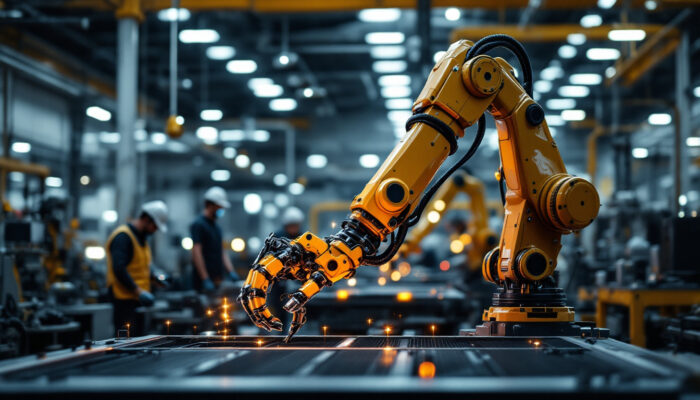 A photograph of a sleek industrial robotic arm in action within a modern manufacturing environment
