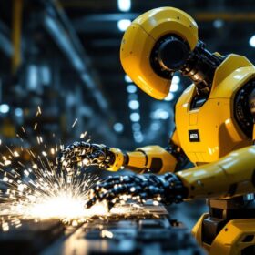 A photograph of a modern industrial robot in action