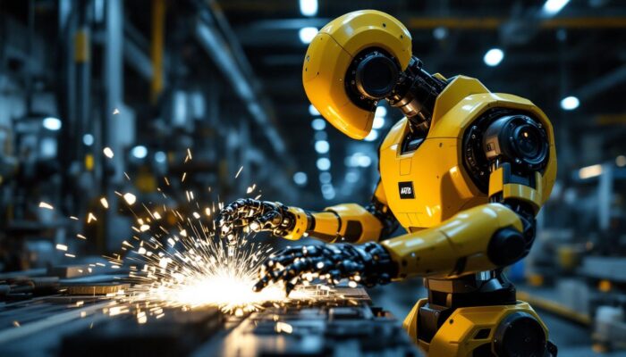 A photograph of a modern industrial robot in action