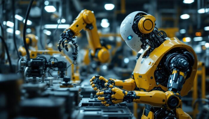A photograph of a modern industrial robot in action within a manufacturing environment