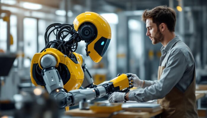 A photograph of a collaborative robot (cobot) working alongside a human in an industrial setting