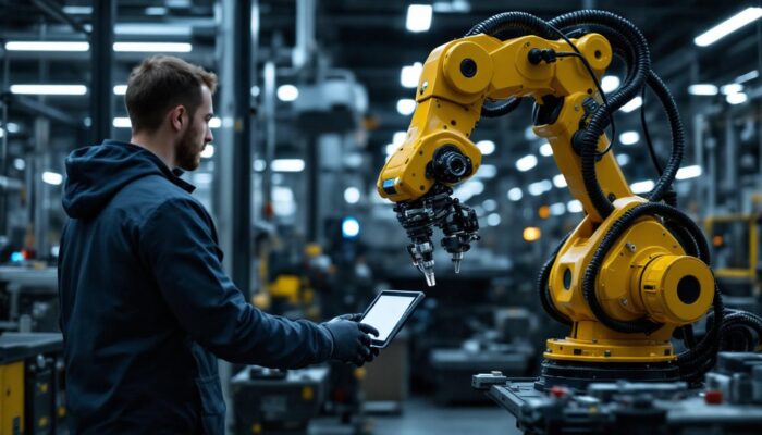 A photograph of a skilled technician programming an industrial robotic arm in a modern manufacturing environment