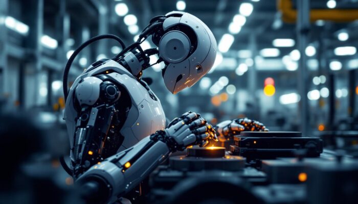 A photograph of a sleek industrial robot in action within a manufacturing environment