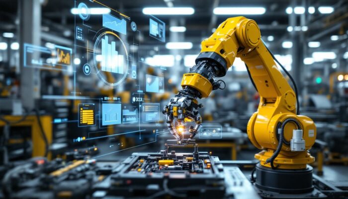 A photograph of a robotic arm engaged in a complex assembly task within an industrial setting