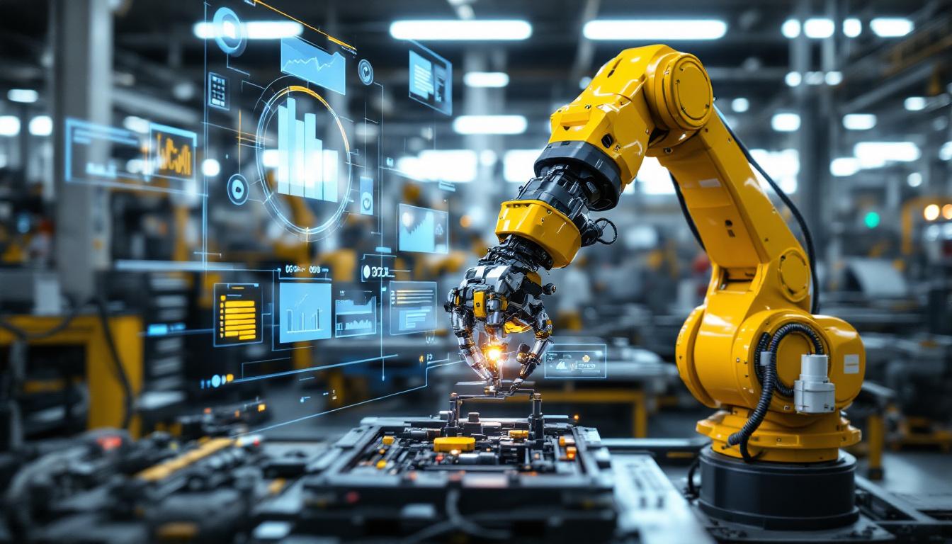 A photograph of a robotic arm engaged in a complex assembly task within an industrial setting