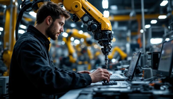 A photograph of a skilled technician programming an industrial robotic arm in a modern manufacturing facility