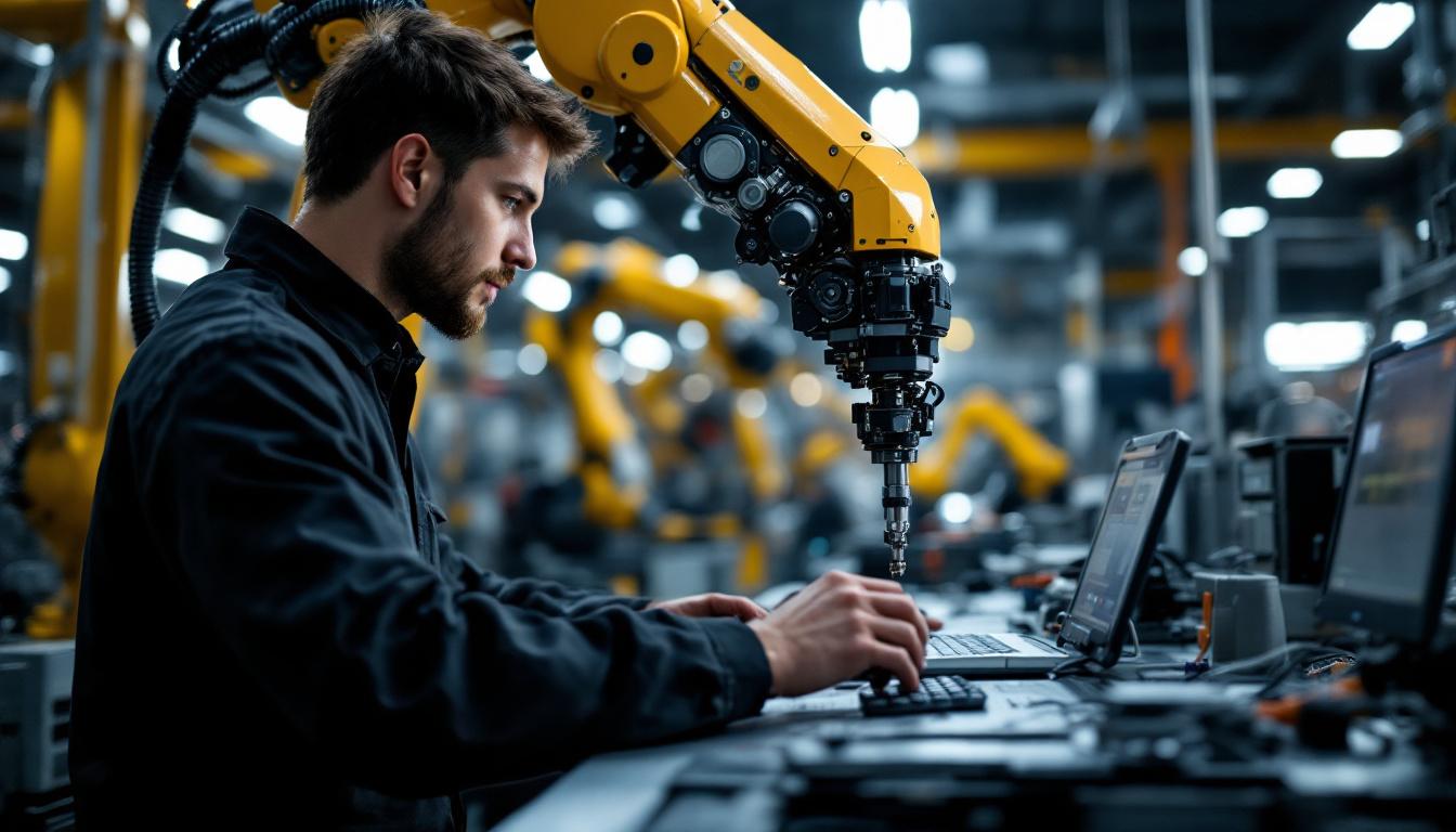 A photograph of a skilled technician programming an industrial robotic arm in a modern manufacturing facility