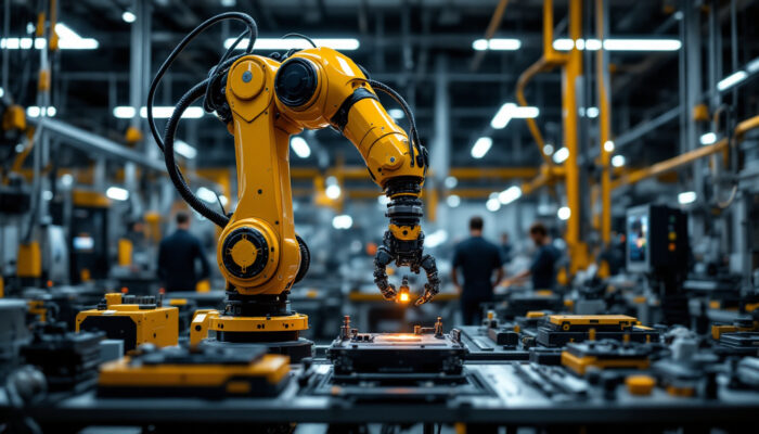 A photograph of a sleek industrial robotic arm in action