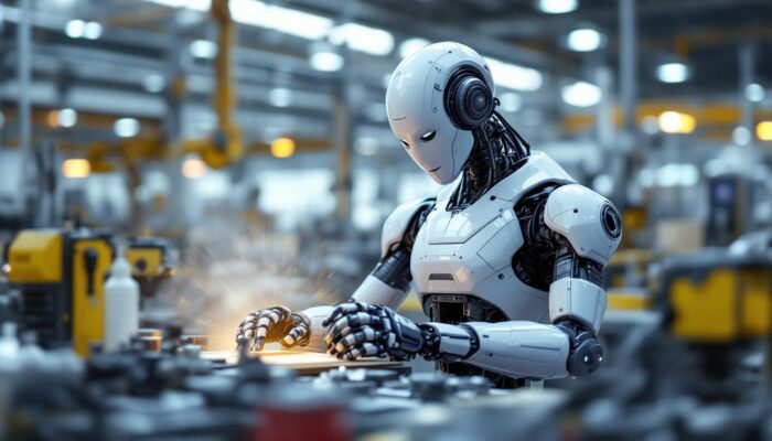 A photograph of a sleek industrial robot in action within a modern manufacturing environment