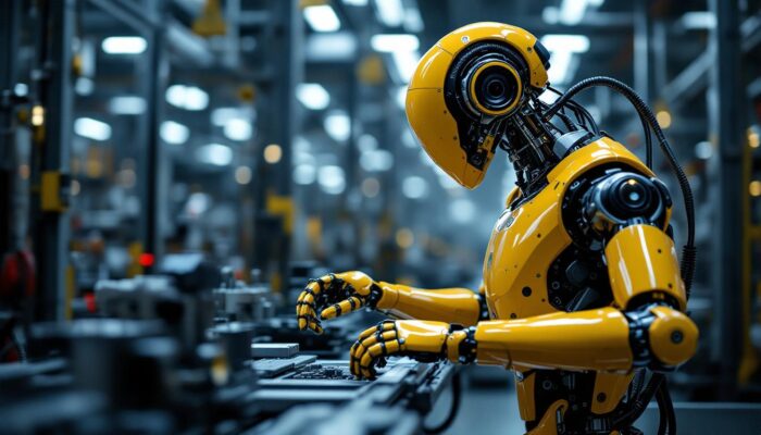 A photograph of a sleek industrial robot in action within a manufacturing environment