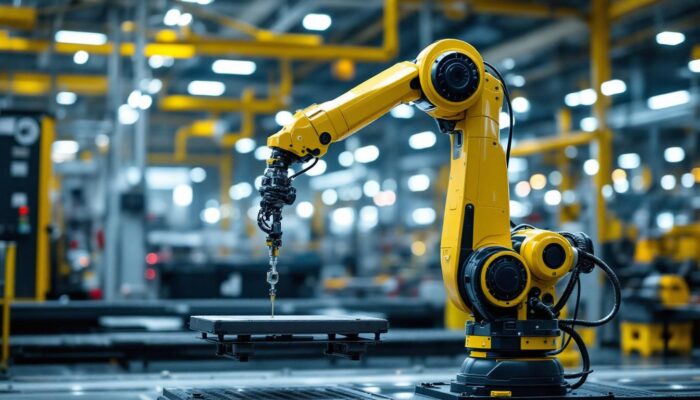 A photograph of a sleek industrial robotic arm in action