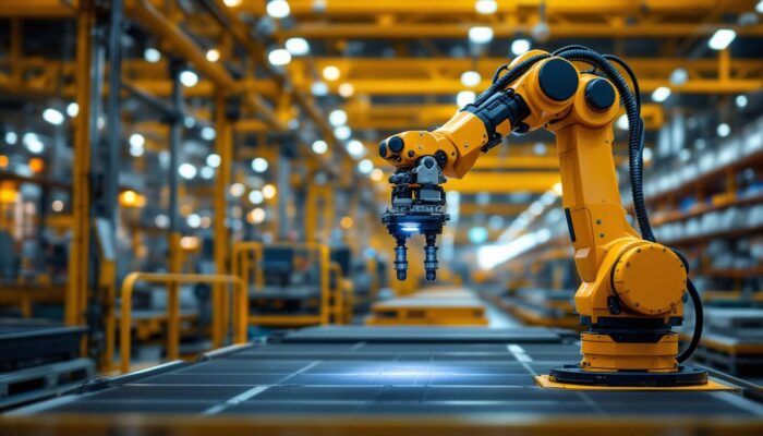 A photograph of a modern industrial robotic arm in action
