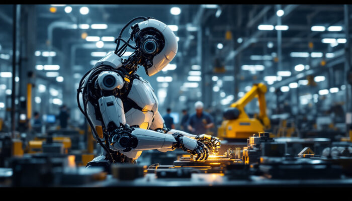 A photograph of a sleek industrial robot in action within a modern manufacturing facility