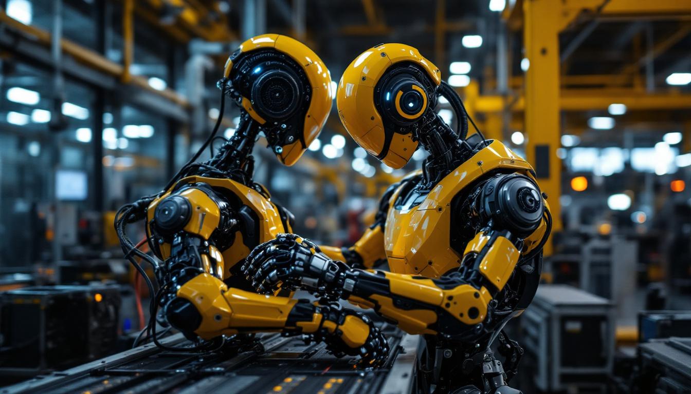A photograph of a sleek industrial robot in action within a modern manufacturing facility