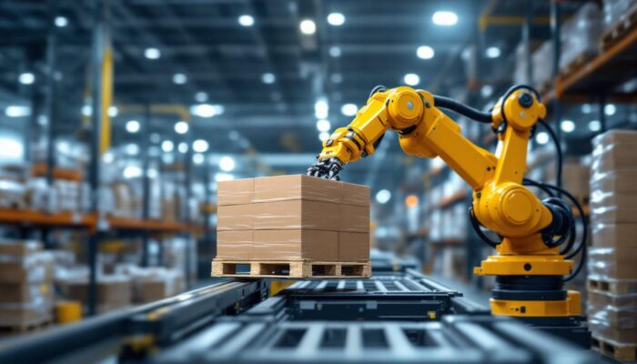 A photograph of a sleek industrial robotic arm in action
