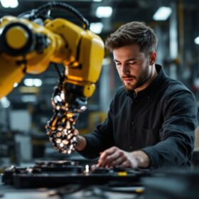 A photograph of capture a photograph of daniel theobald interacting with an industrial robot in a dynamic workspace