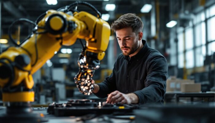 A photograph of capture a photograph of daniel theobald interacting with an industrial robot in a dynamic workspace