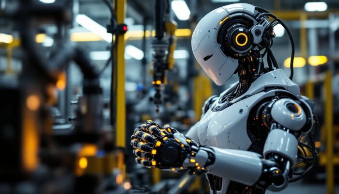 A photograph of a sleek industrial robot in action on a factory floor