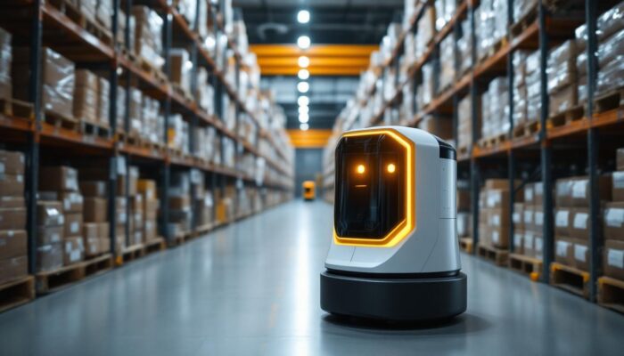 A photograph of a sleek agv robot navigating through an industrial warehouse