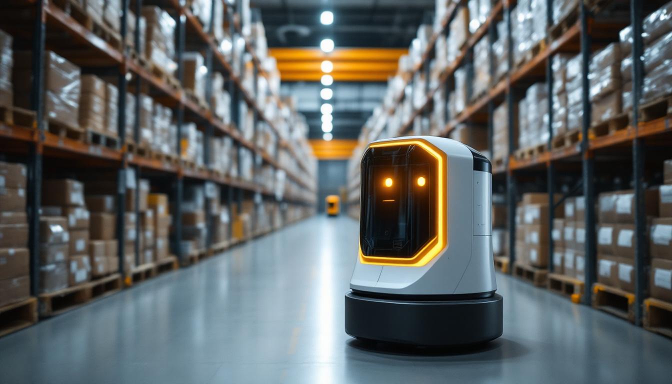 A photograph of a sleek agv robot navigating through an industrial warehouse