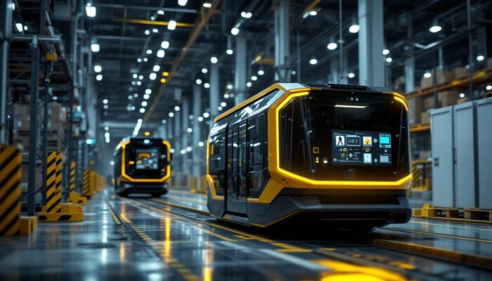 A photograph of a modern automated guided vehicle (agv) navigating through a busy industrial warehouse