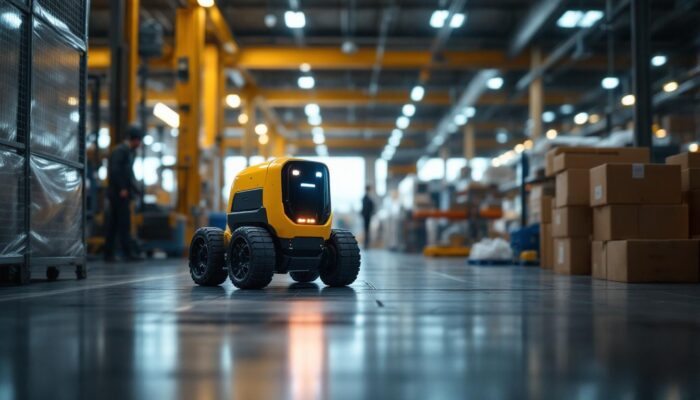 A photograph of capture a photograph of an amr (autonomous mobile robot) in an industrial setting