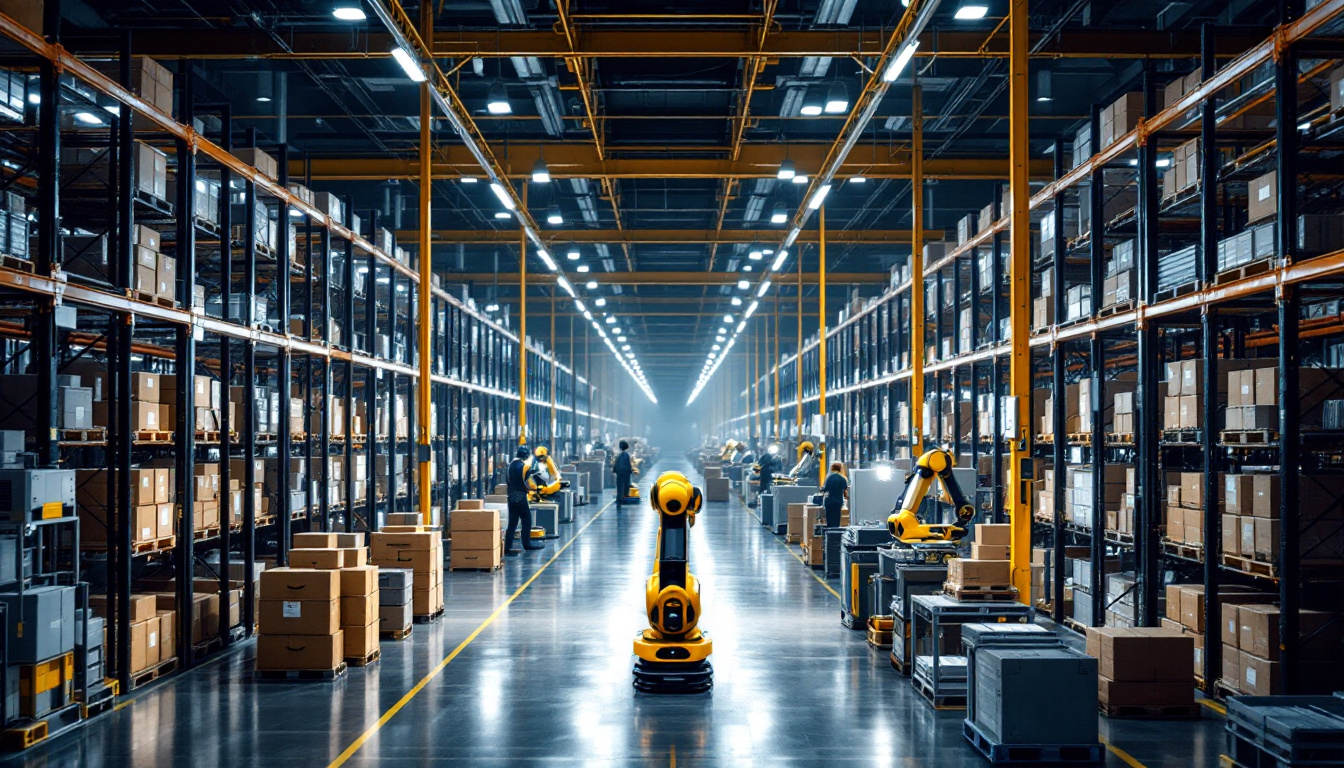 A photograph of a bustling amazon warehouse filled with advanced industrial robots efficiently sorting and transporting packages amidst a backdrop of towering shelves and vibrant activity