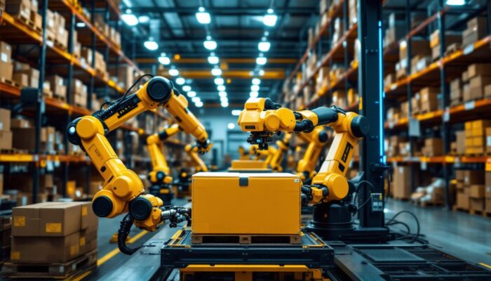 A photograph of a dynamic warehouse environment showcasing industrial robots in action