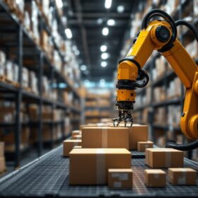 A photograph of a modern warehouse environment showcasing an industrial robotic arm efficiently picking and sorting items from shelves