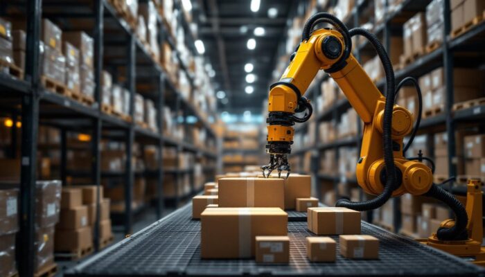 A photograph of a modern warehouse environment showcasing an industrial robotic arm efficiently picking and sorting items from shelves