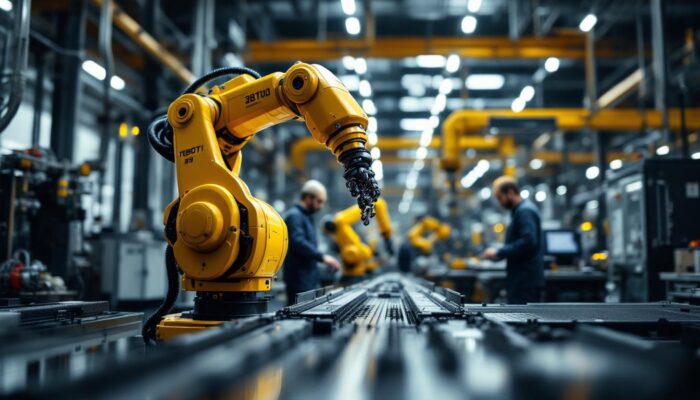A photograph of a sleek industrial robotic arm in action within a modern manufacturing environment