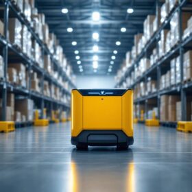A photograph of a modern agv robot navigating through an industrial warehouse