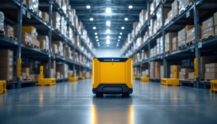 A photograph of a modern agv robot navigating through an industrial warehouse