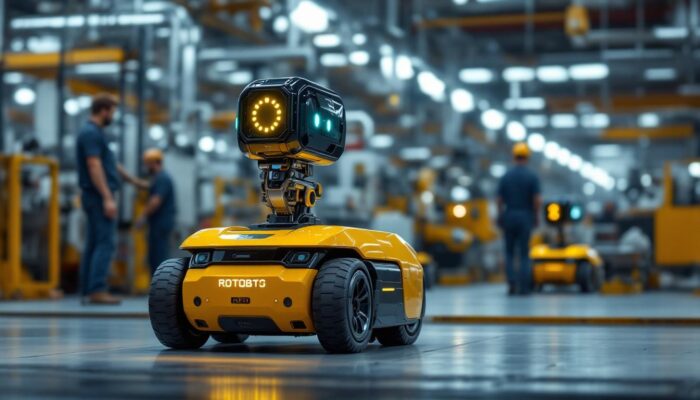 A photograph of a sleek autonomous mobile robot navigating through a modern industrial setting