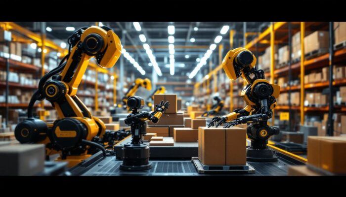 A photograph of a modern automated warehouse setting featuring sleek industrial robots in action