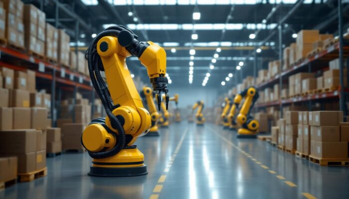 A photograph of a modern warehouse setting featuring industrial robots in action