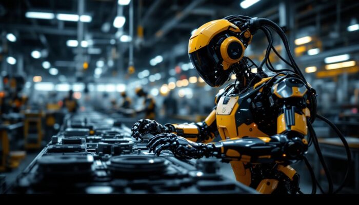 A photograph of a sleek industrial robot in action within a manufacturing setting
