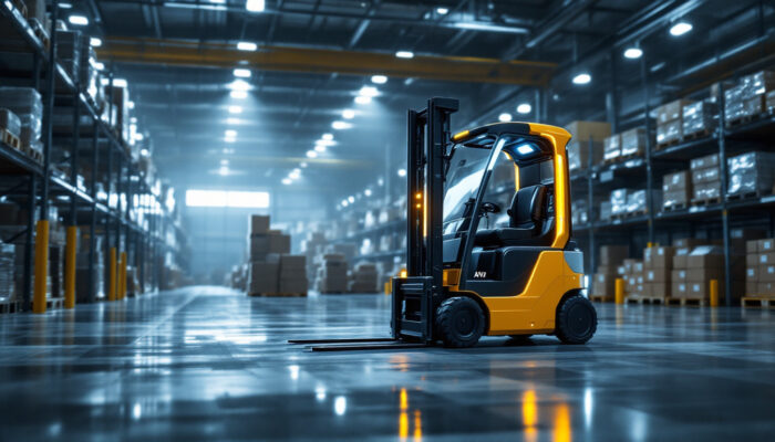 A photograph of a modern agv forklift truck in action within an industrial warehouse setting