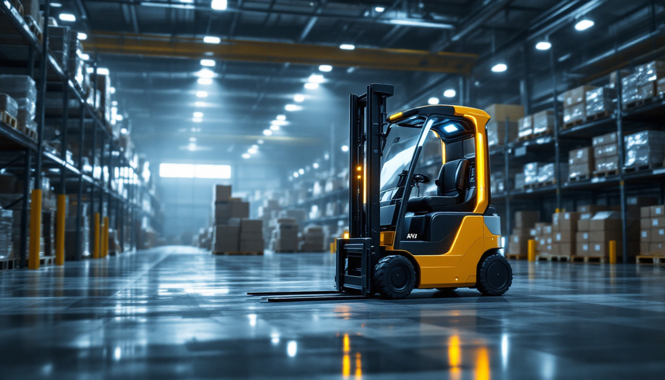 A photograph of a modern agv forklift truck in action within an industrial warehouse setting