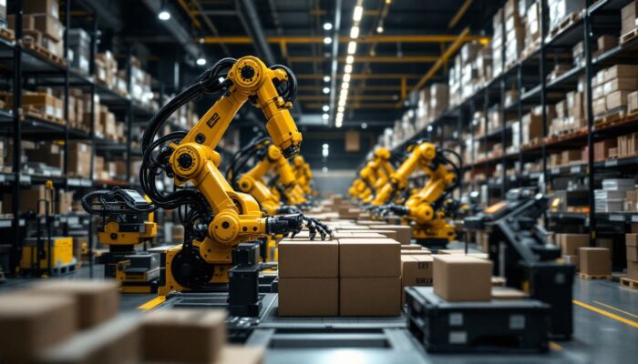 A photograph of a modern ecommerce warehouse showcasing industrial robots in action