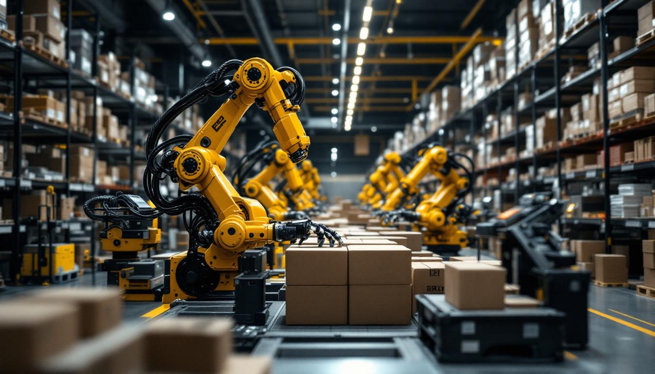 A photograph of a modern ecommerce warehouse showcasing industrial robots in action
