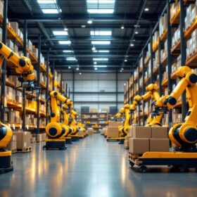 A photograph of a modern automated warehouse setting