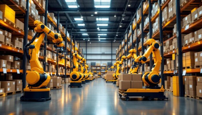 A photograph of a modern automated warehouse setting