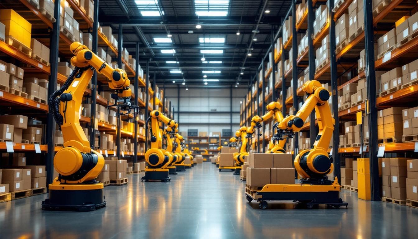 A photograph of a modern automated warehouse setting