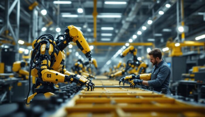 A photograph of a dynamic scene featuring boston dynamics' advanced industrial robots in action within a modern manufacturing environment