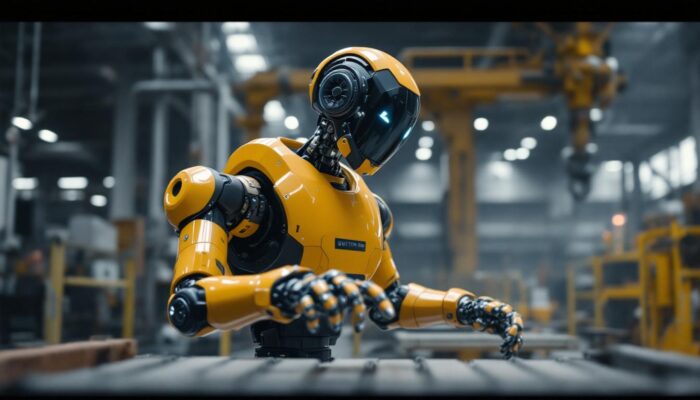 A photograph of a boston dynamics robot in action within an industrial setting