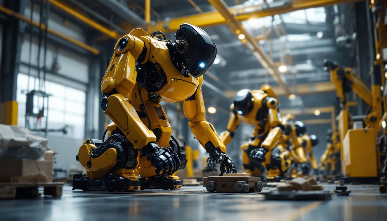 A photograph of a dynamic scene featuring boston dynamics robots in an industrial setting
