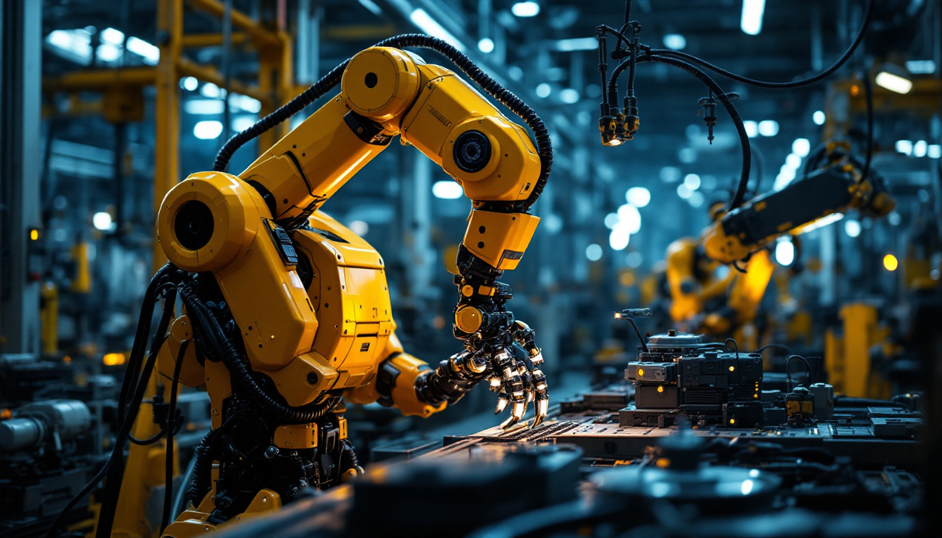 A photograph of a modern industrial robot in action within a manufacturing setting